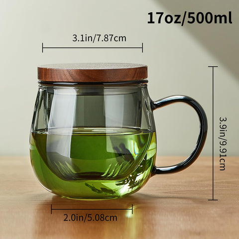 DOPUDO glass tea cup with lid—built-in infuser keeps leaves contained.