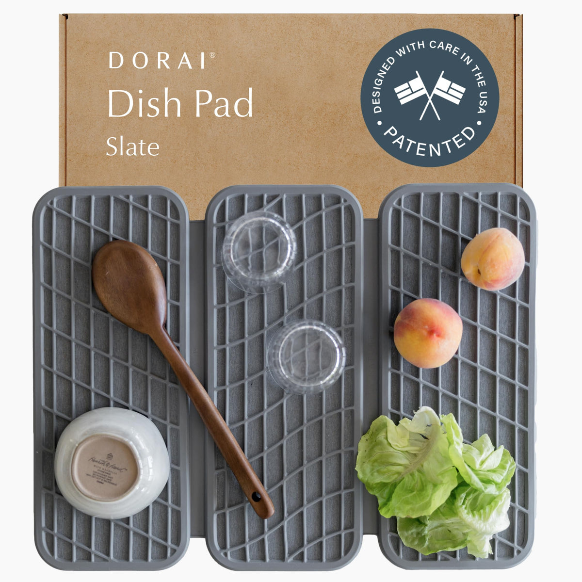 Dorai Home Dish Pad with stone base drying dishes on a counter