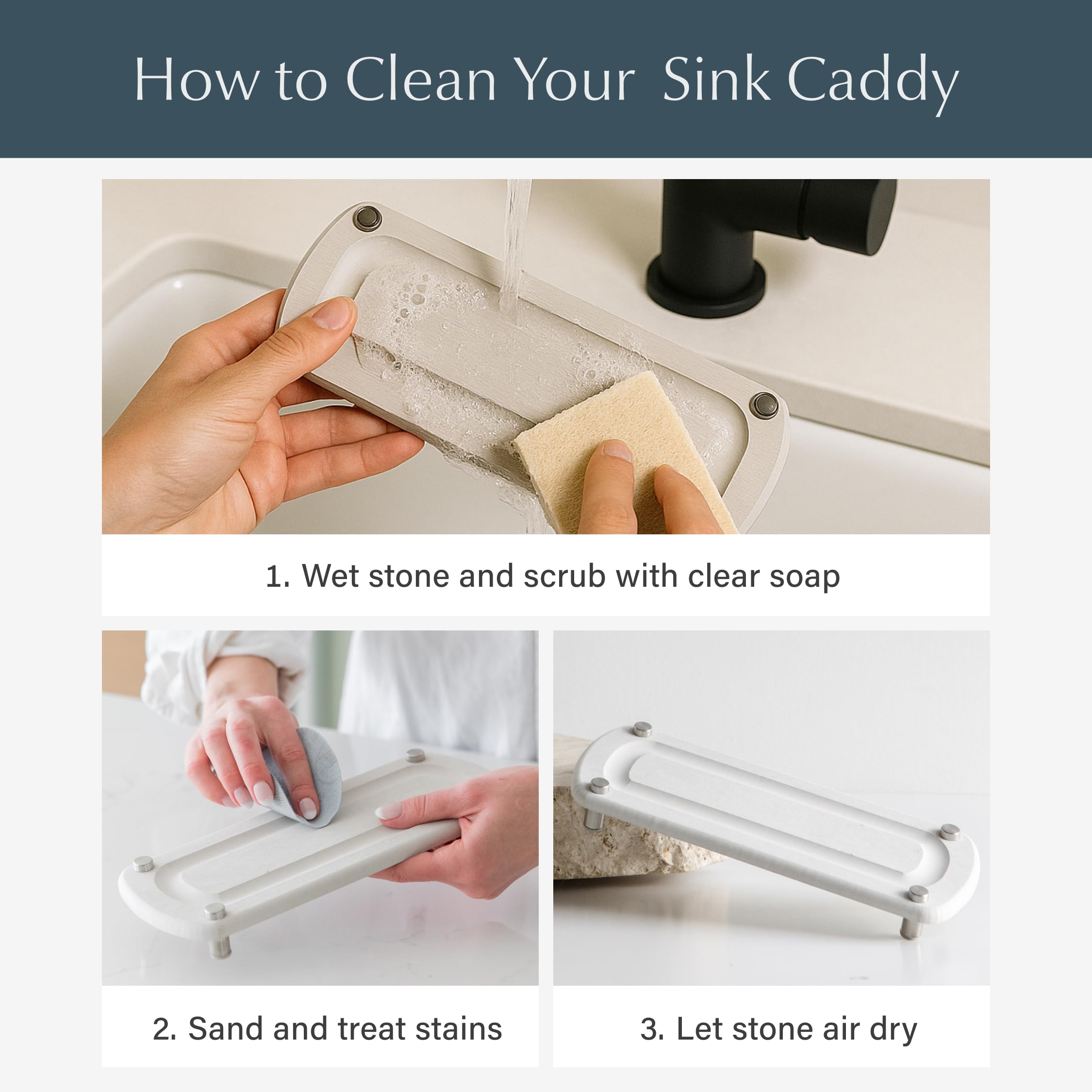 Dorai Home Sink Caddy bathroom setup neatly displays toiletries and lotions.
