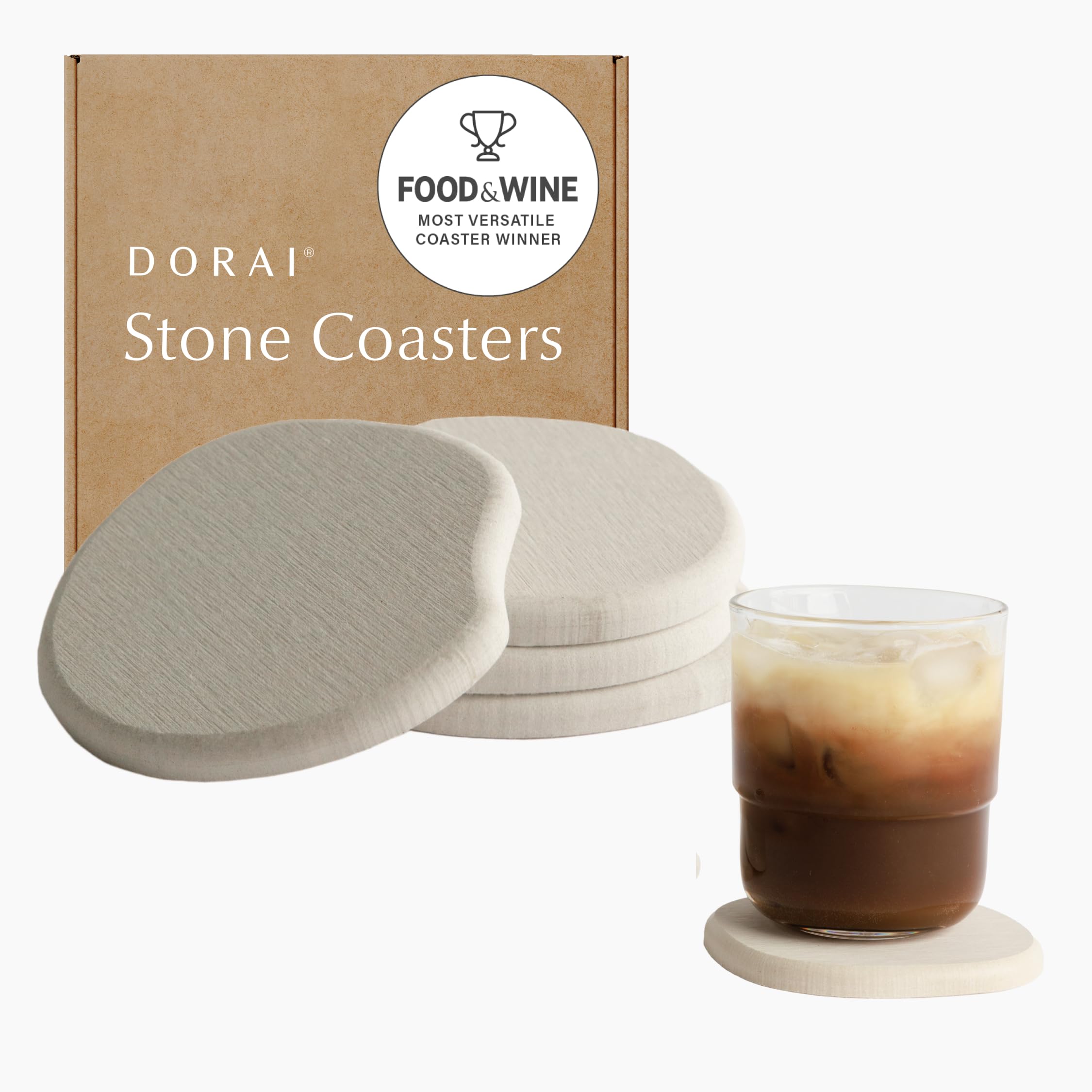 Dorai stone coaster set in sandstone protects surfaces and absorbs moisture.