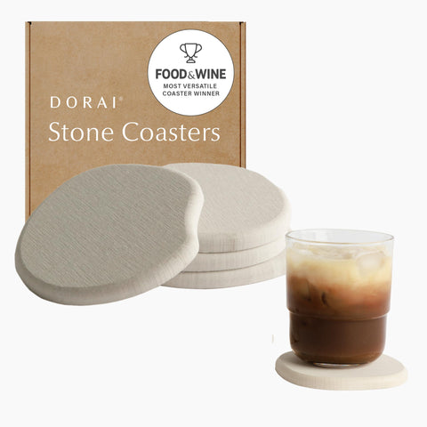 Dorai stone coaster set in sandstone protects surfaces and absorbs moisture.