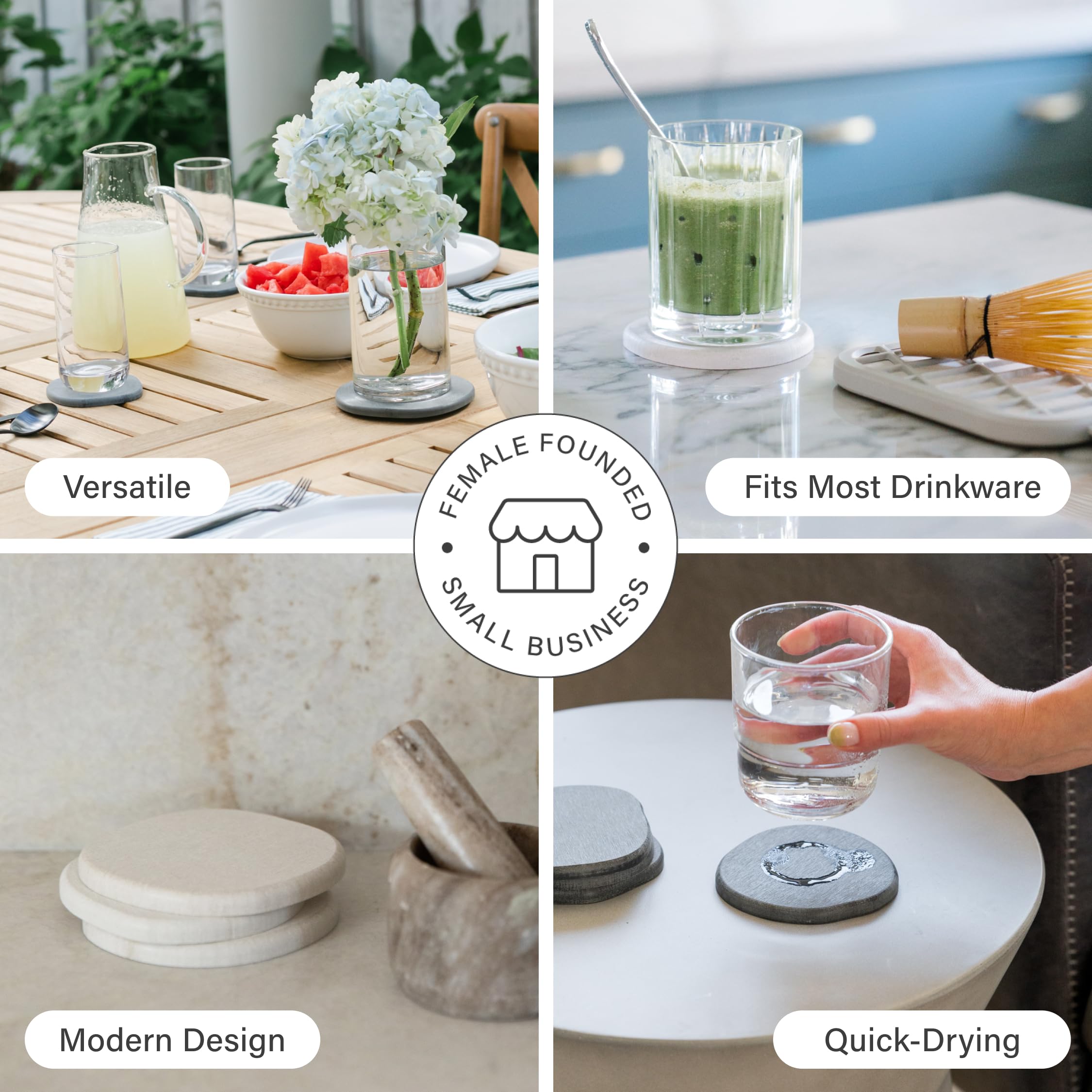 Dorai stone coaster on a slate kitchen counter protecting the surface.
