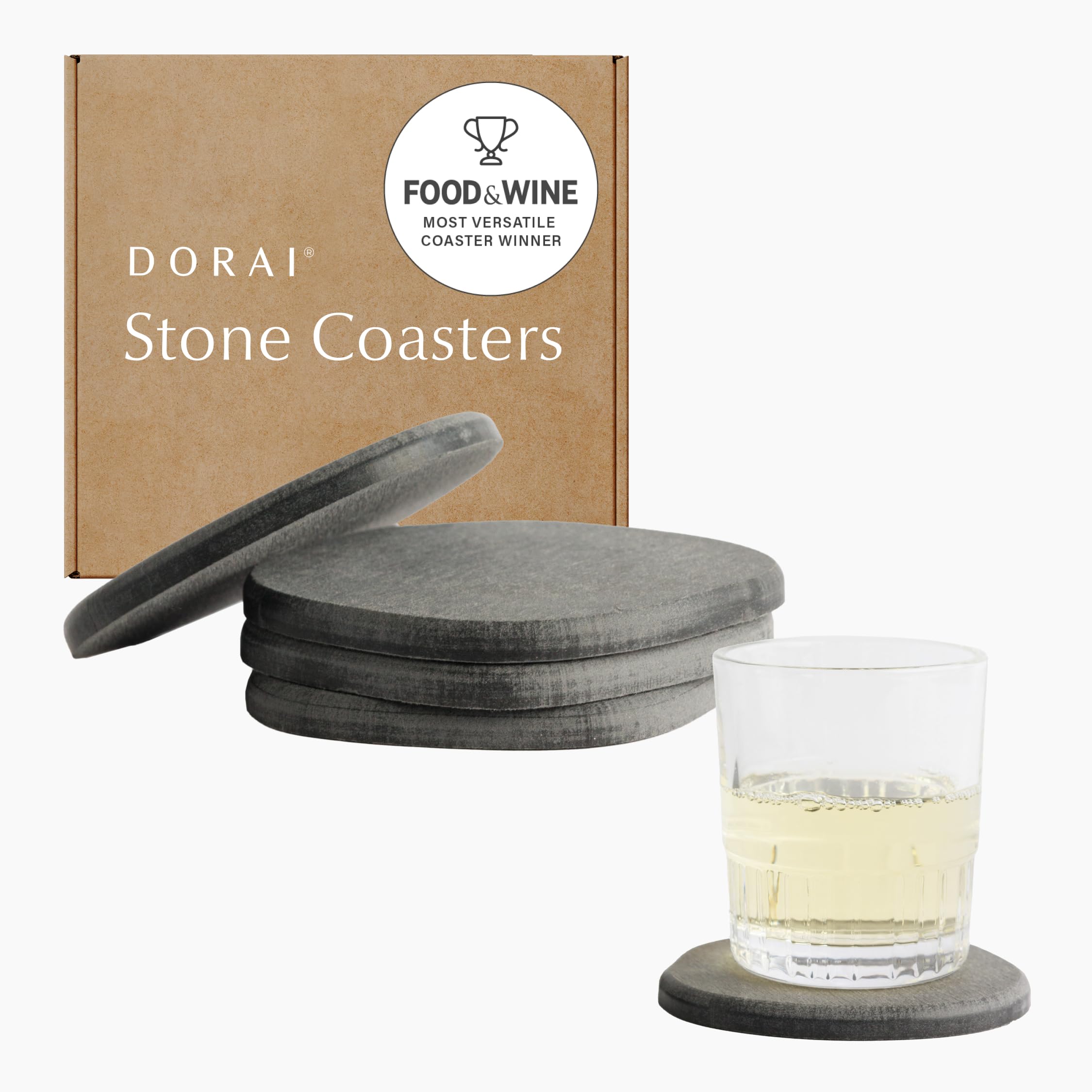 Dorai stone coaster set in slate display protects surfaces with fast drying.