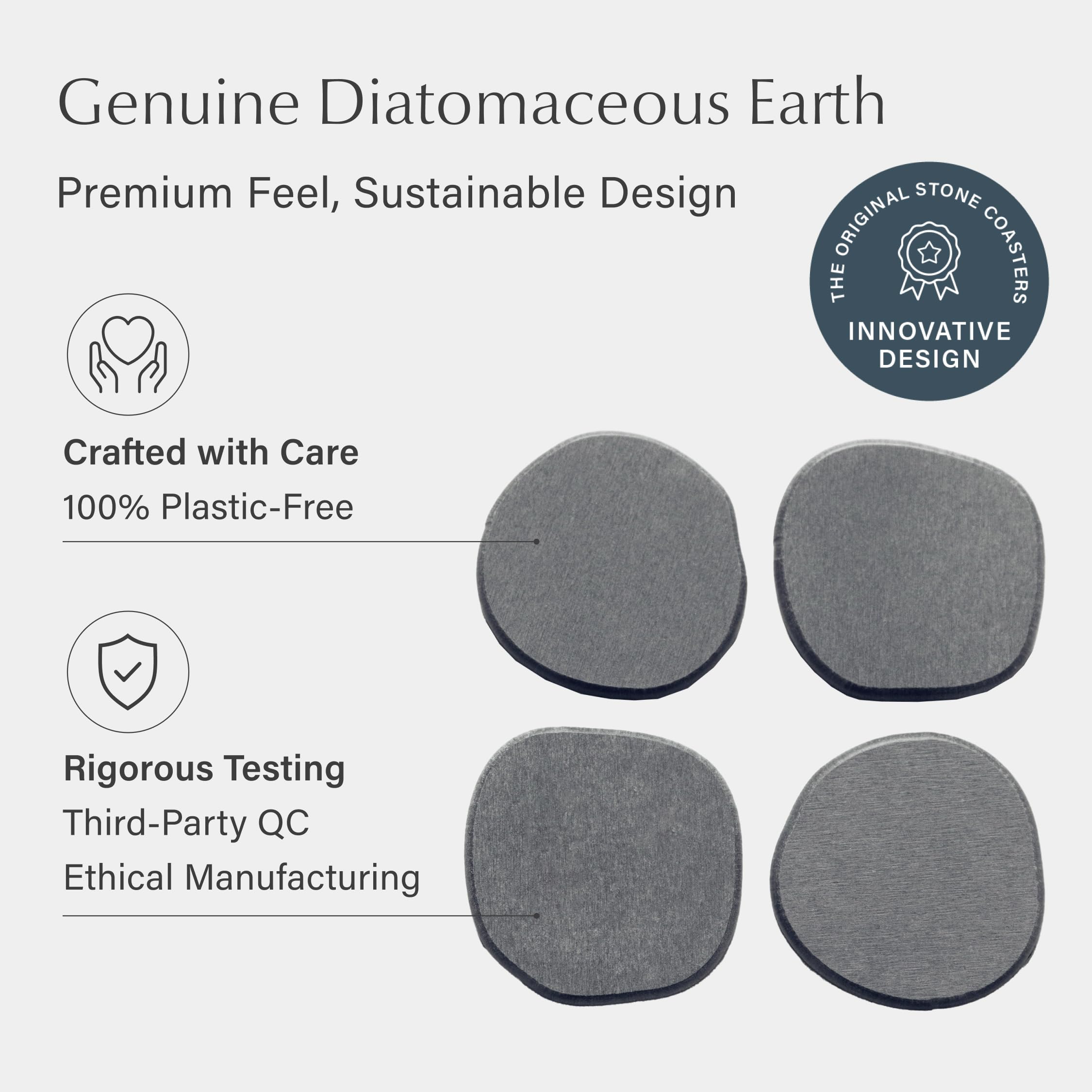 Dorai stone coasters on counter prevent water rings after drinks.