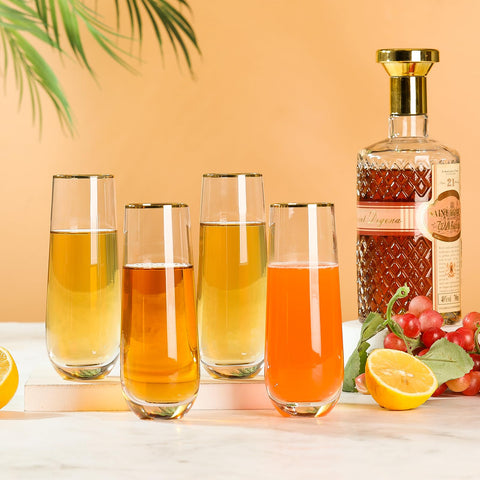 DORELINA gift-ready stemless flutes in elegant packaging.