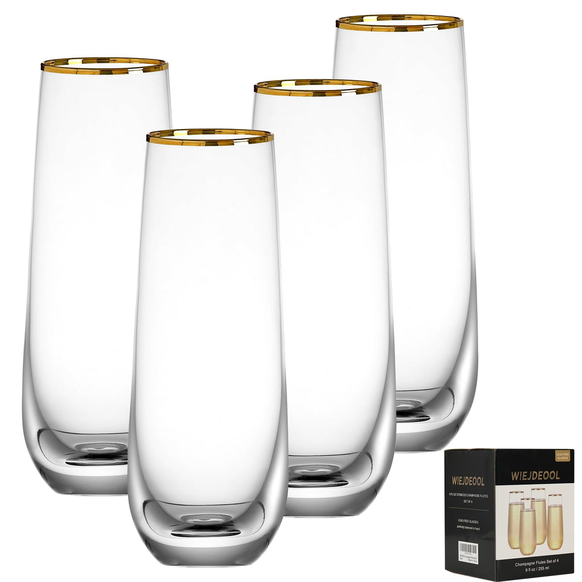 DORELINA stemless champagne flute with gold rim for elegant toasts.