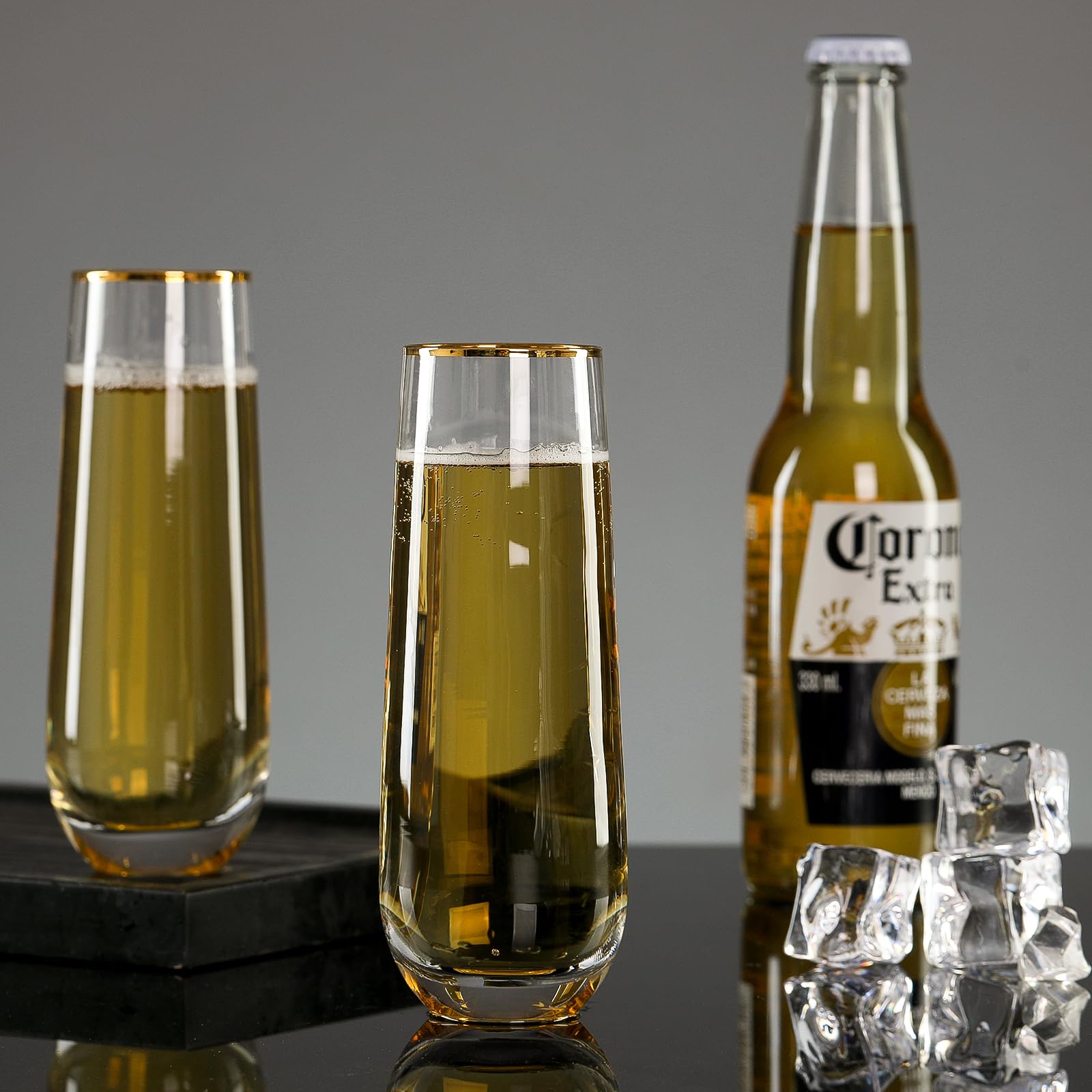 DORELINA stemless flutes lined up for wedding toast.