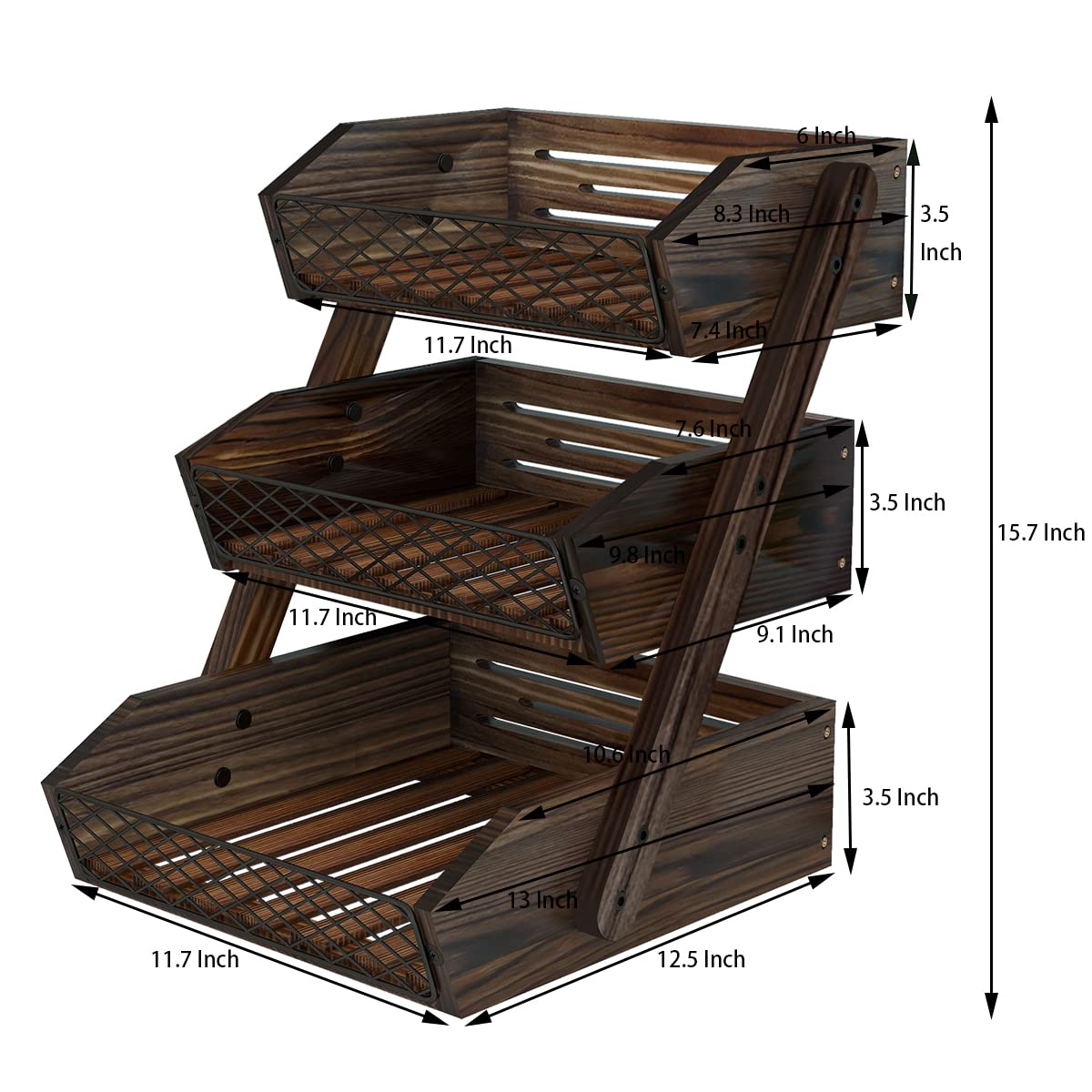 Dorhors 3-tier display on countertop for orderly fruit and bread storage.