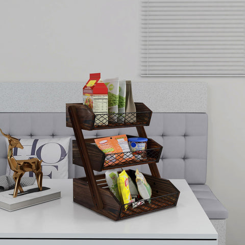 Dorhors rustic wood and metal fruit rack complements counters and decor.