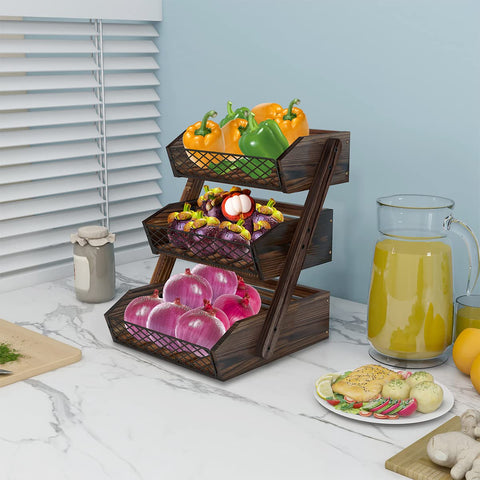 Dorhors wooden vegetable holder with metal grid for air circulation and freshness.