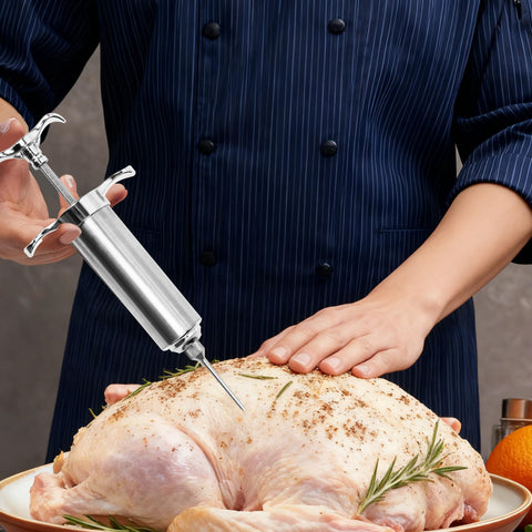 Dormercy turkey injection ready tool helps marinate lean cuts evenly.