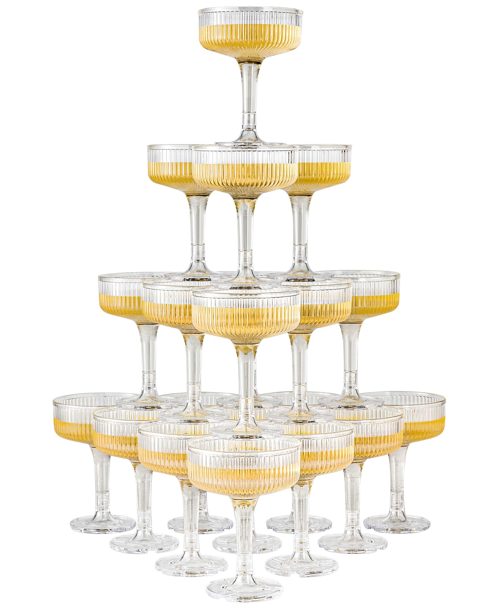 DORONAN 20-pack plastic champagne tower cups for dramatic wedding displays.
