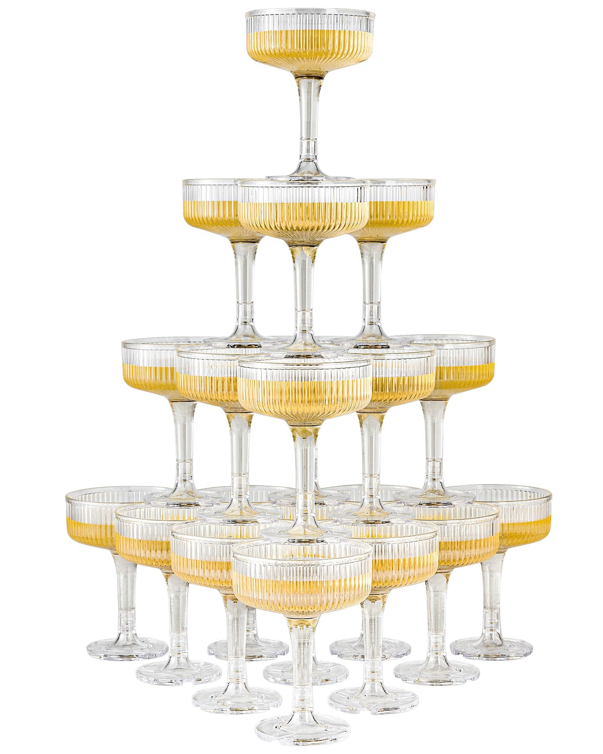 DORONAN 20-pack plastic champagne tower cups for dramatic wedding displays.