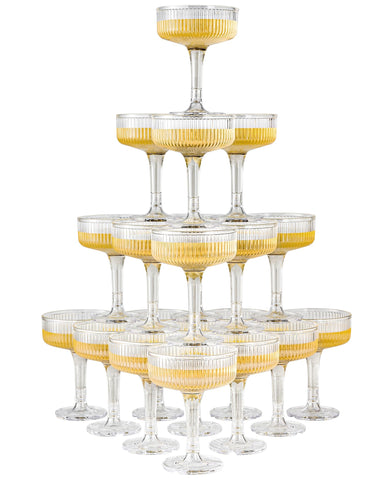 DORONAN 20-pack plastic champagne tower cups for dramatic wedding displays.