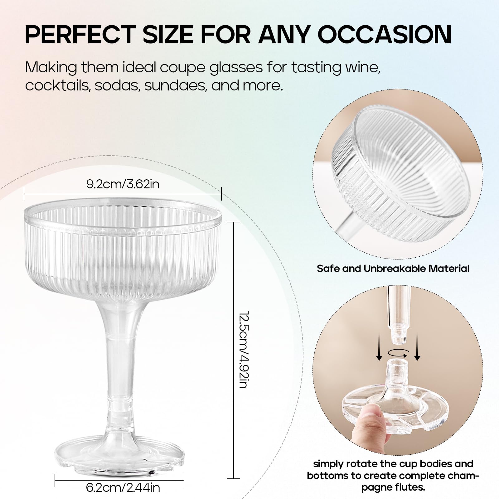 DORONAN smooth-rim champagne coupe enhances lip comfort.