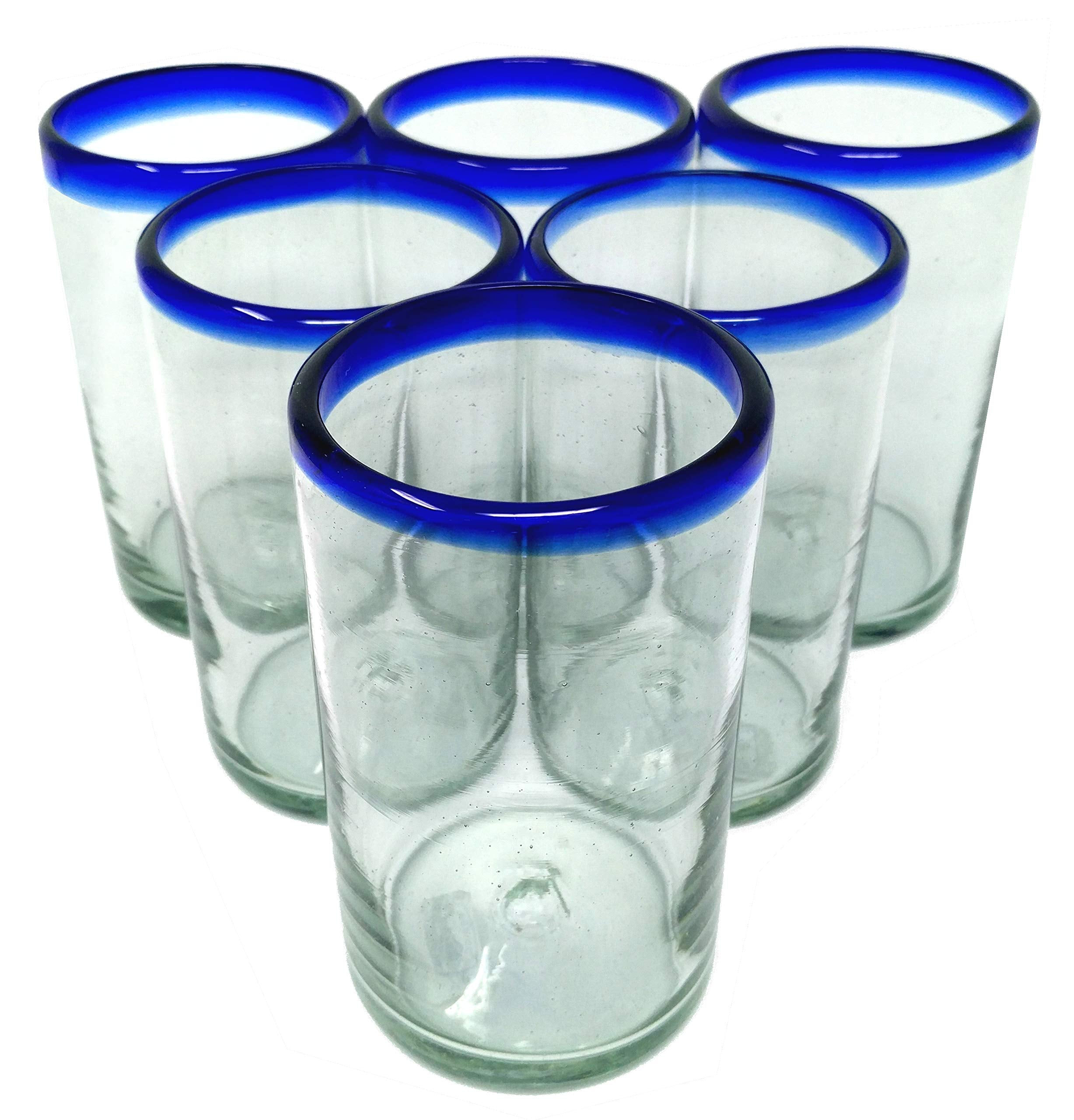 Dos Sueños hand-blown glass with cobalt blue rim, 14 oz, ideal for entertaining.