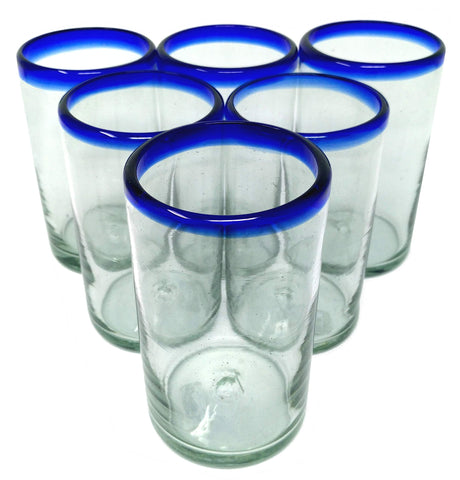 Dos Sueños hand-blown glass with cobalt blue rim, 14 oz, ideal for entertaining.