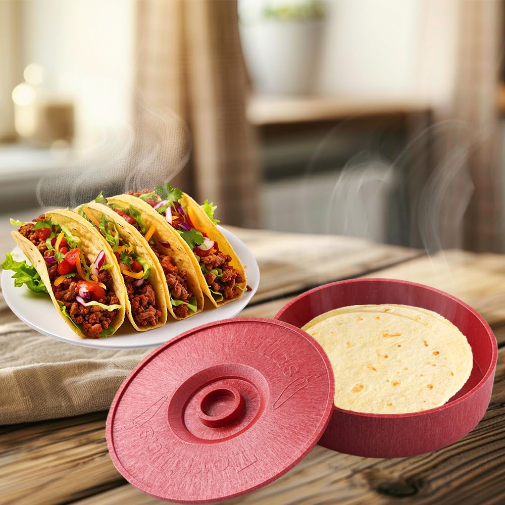 DOTERNITY red tortilla warmer highlights a vibrant, modern kitchen accessory.