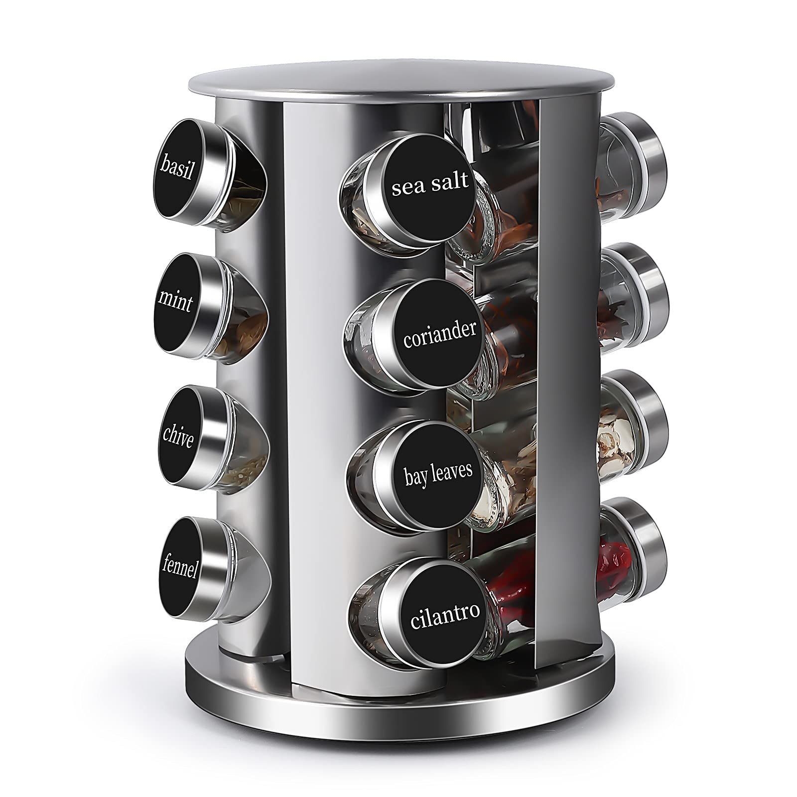 DOUBLE 2 C revolving spice rack on counter showing organized glass jars