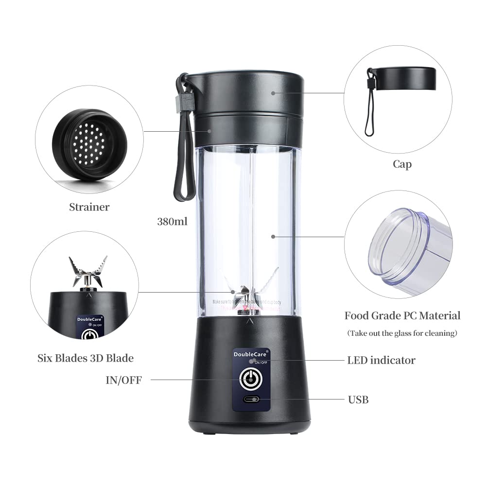 DoubleCare USB-rechargeable 380ml blender for convenient on-the-go blending.