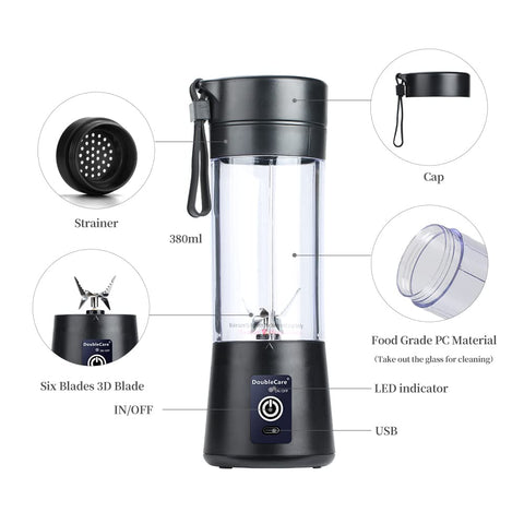 DoubleCare USB-rechargeable 380ml blender for convenient on-the-go blending.