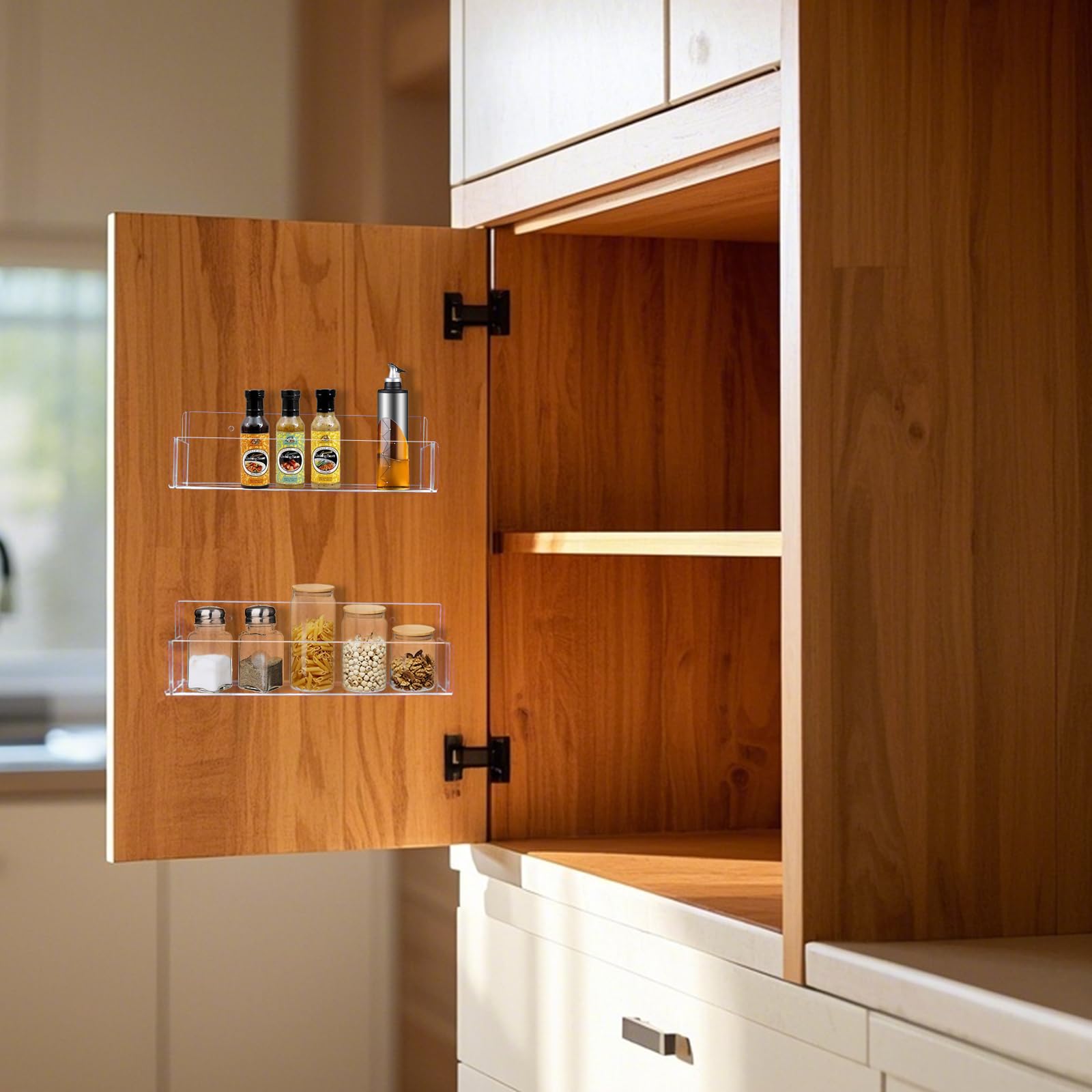 Clear acrylic spice shelf displaying jars for quick identification.