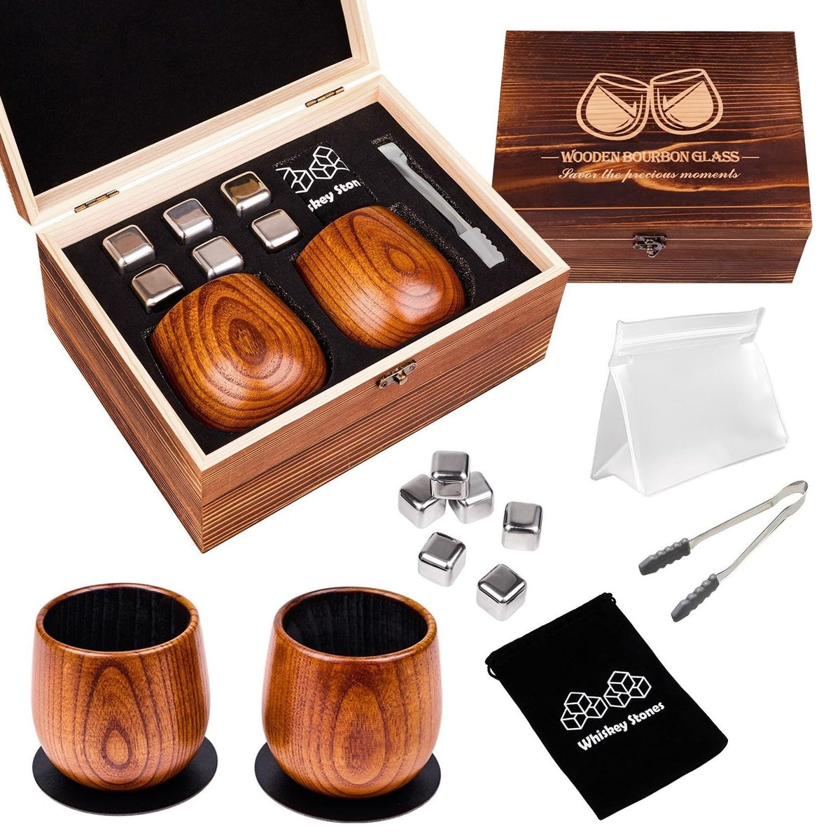 DouMmantn charred wooden whiskey glasses set—two elegant tumblers for aging bourbon aroma.