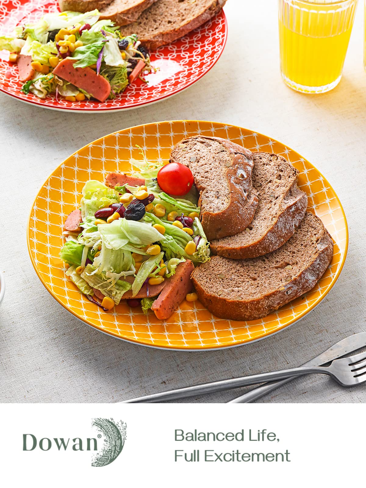 DOWAN 10-inch ceramic plates showcase bold colors, great for pasta or salad servings.