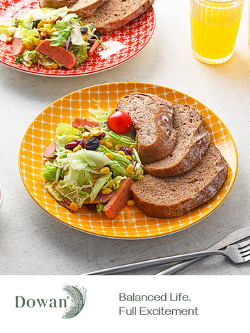 DOWAN 10-inch ceramic plates showcase bold colors, great for pasta or salad servings.