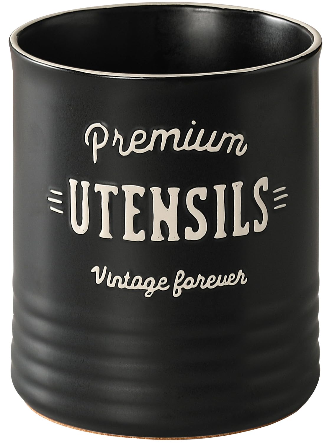 Dowan 7.2-inch ceramic utensil holder in matte black with cork mat protects countertops.
