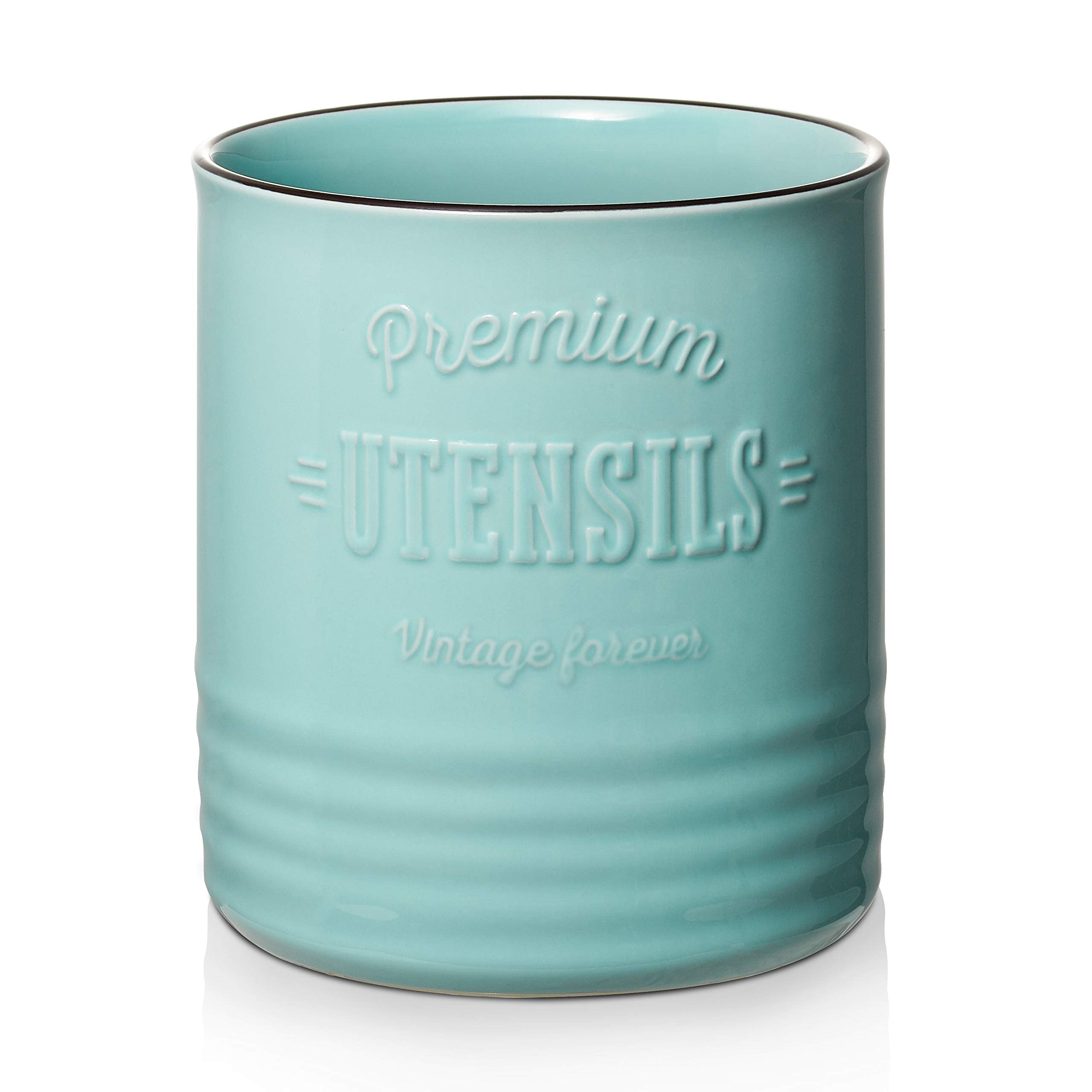 DOWAN 7.2-inch turquoise ceramic utensil holder keeps longer tools within easy reach.