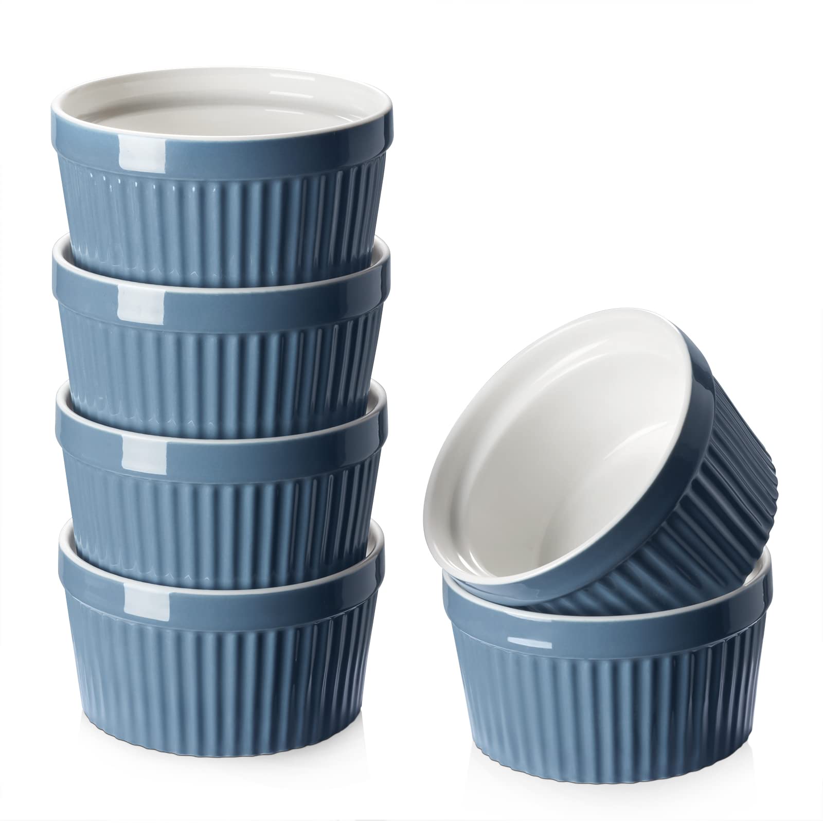 DOWAN 8oz porcelain ramekins with souffle focus in airy blue, ideal for individual portions