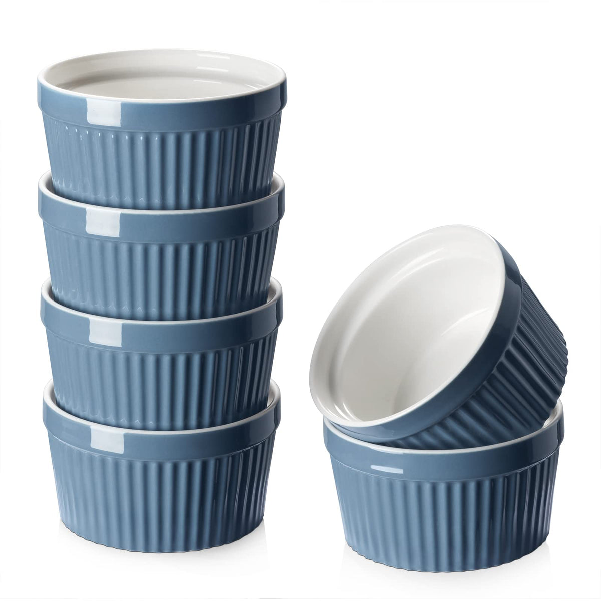 DOWAN 8oz porcelain ramekins with souffle focus in airy blue, ideal for individual portions