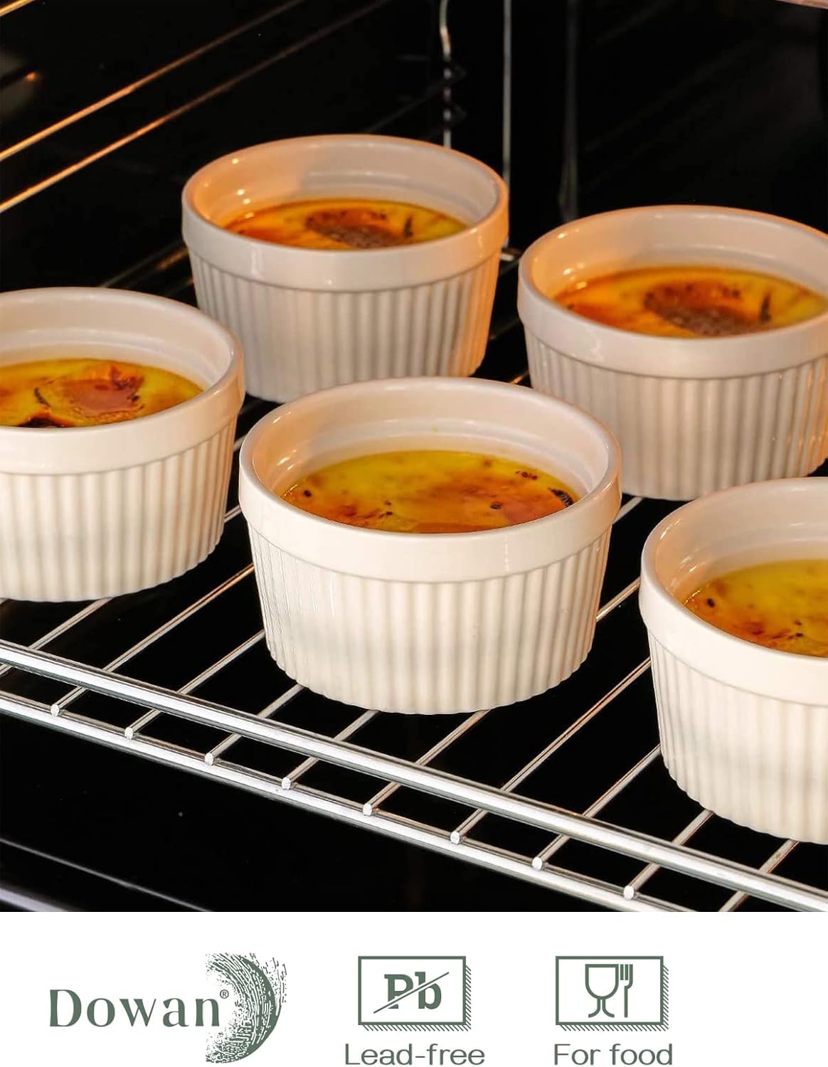 DOWAN oven-safe ramekins, microwave to oven up to 500°F for versatile baking.