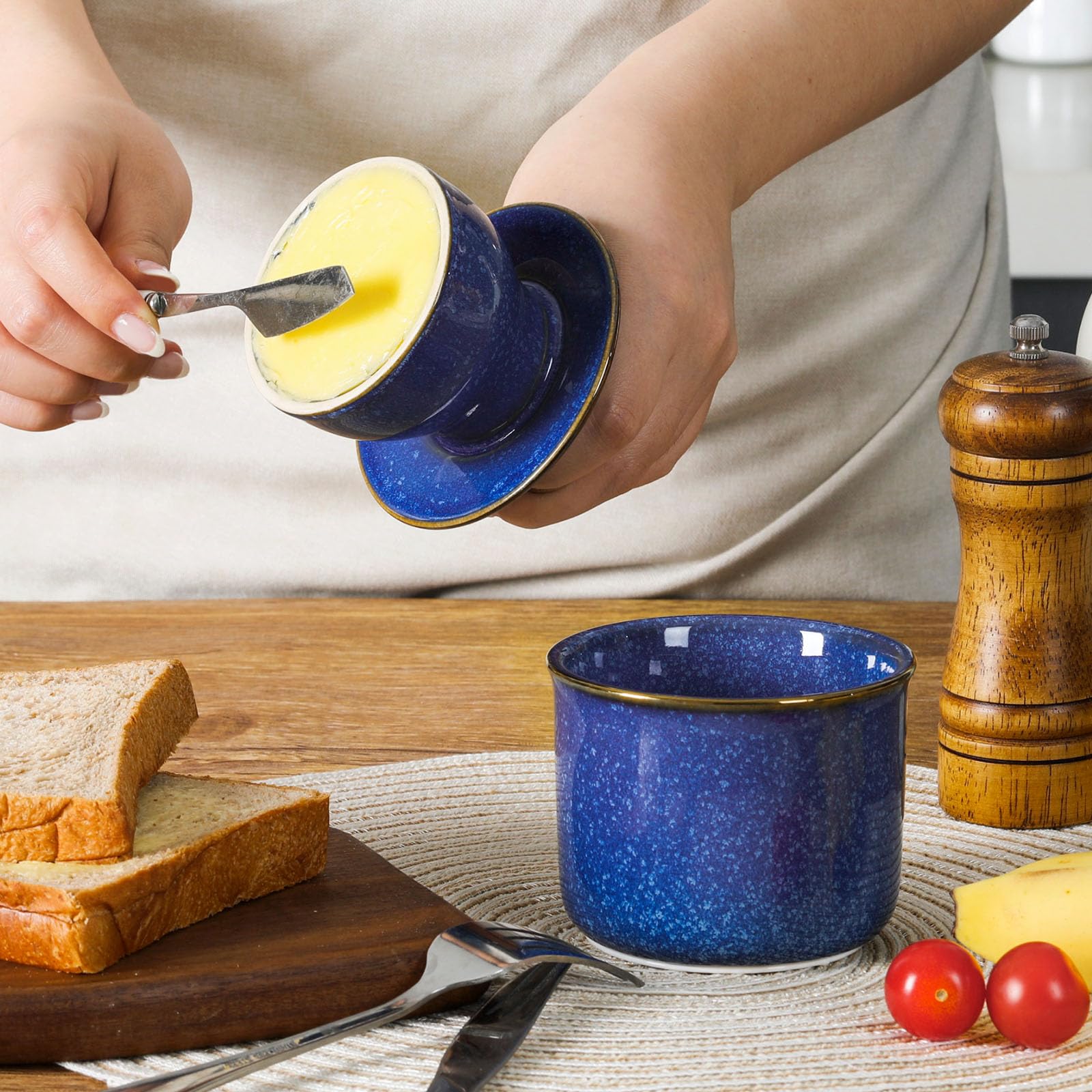 DOWAN butter crock on counter with bread showcases versatile kitchen setup.