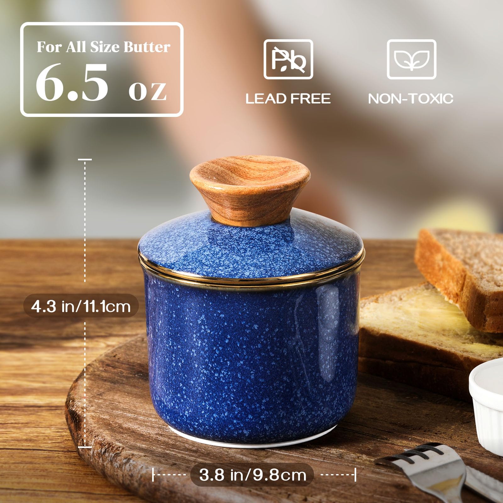 DOWAN butter crock lid features microwave-gold circle, highlighting elegant detail.