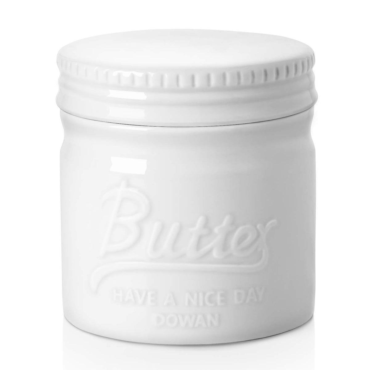 DOWAN Butter Crock with lid on countertop enables easy, spreadable butter.