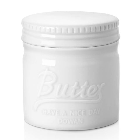 DOWAN Butter Crock with lid on countertop enables easy, spreadable butter.
