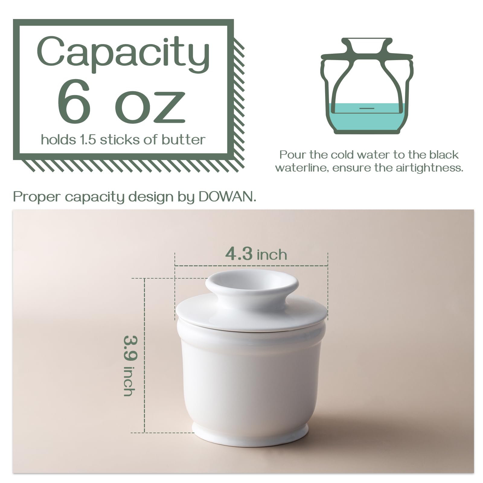 DOWAN butter crock lid open reveals compact butter cup for quick effortless spreading
