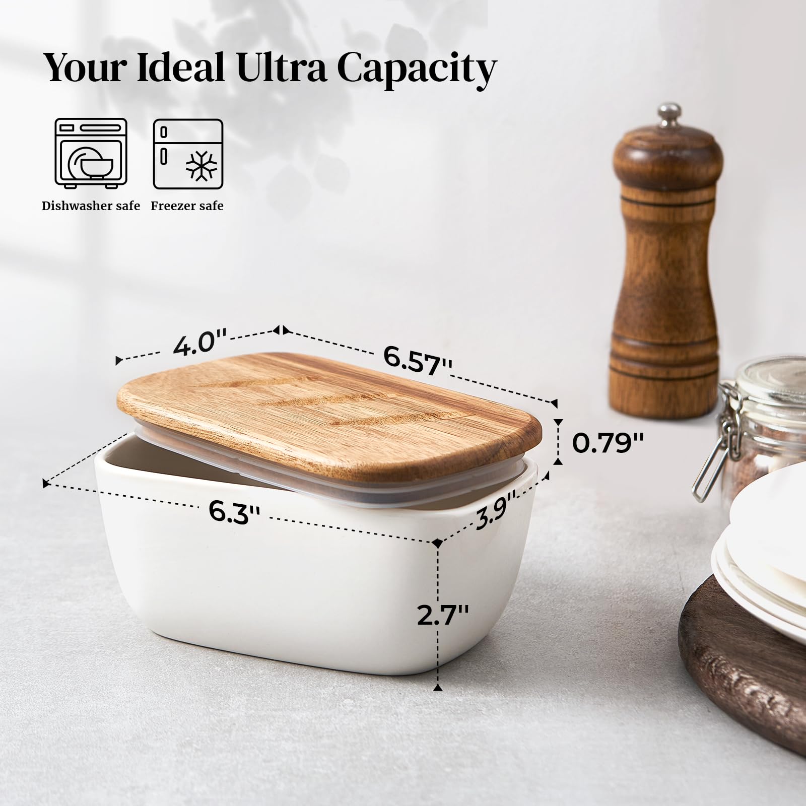 DOWAN butter dish capacity demonstrates three sticks storage on counter