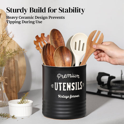 Dowan ceramic utensil crock with cork mat base protecting surfaces.