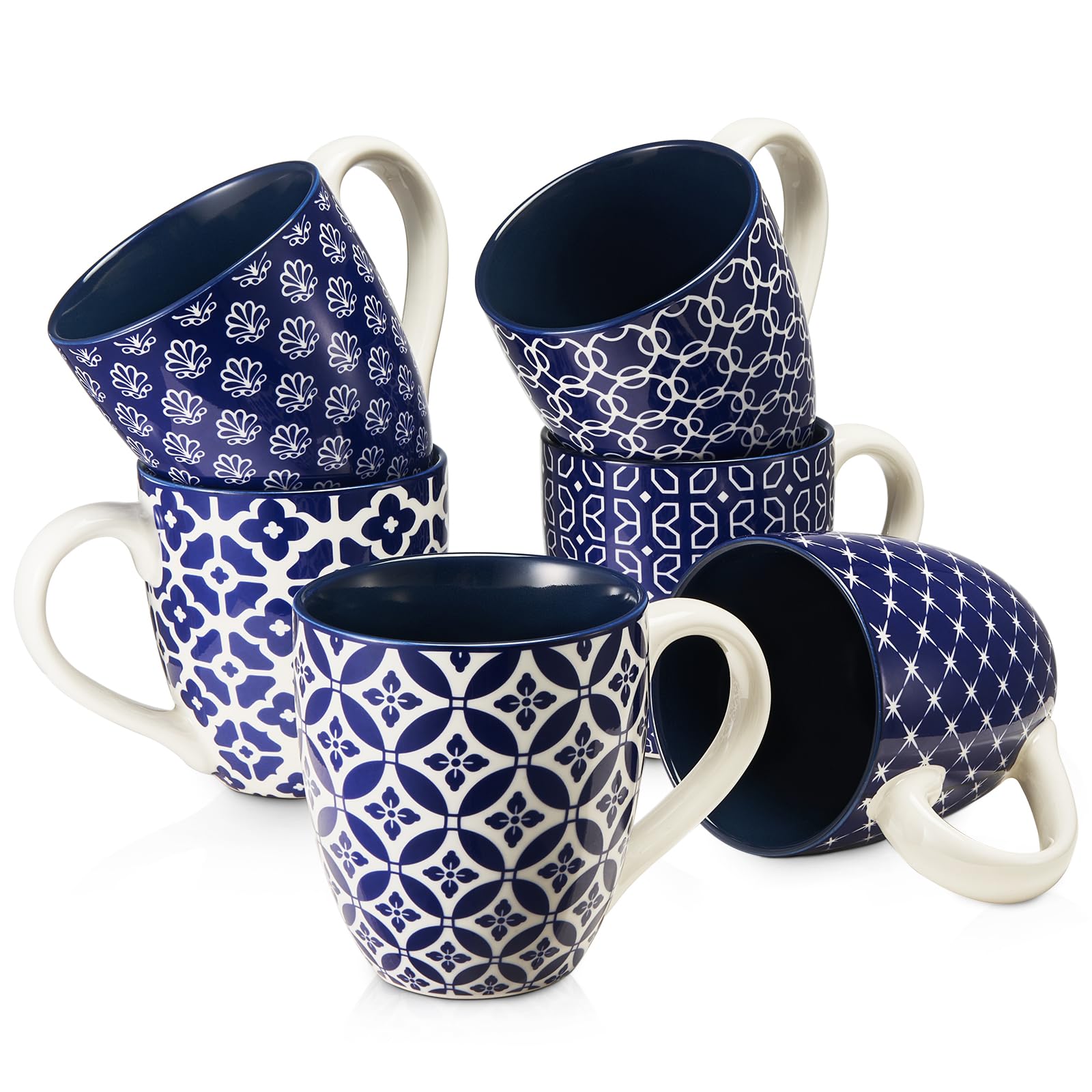 DOWAN six-pack 16 oz vintage blue porcelain mugs for home use, ideal for daily coffee or tea.