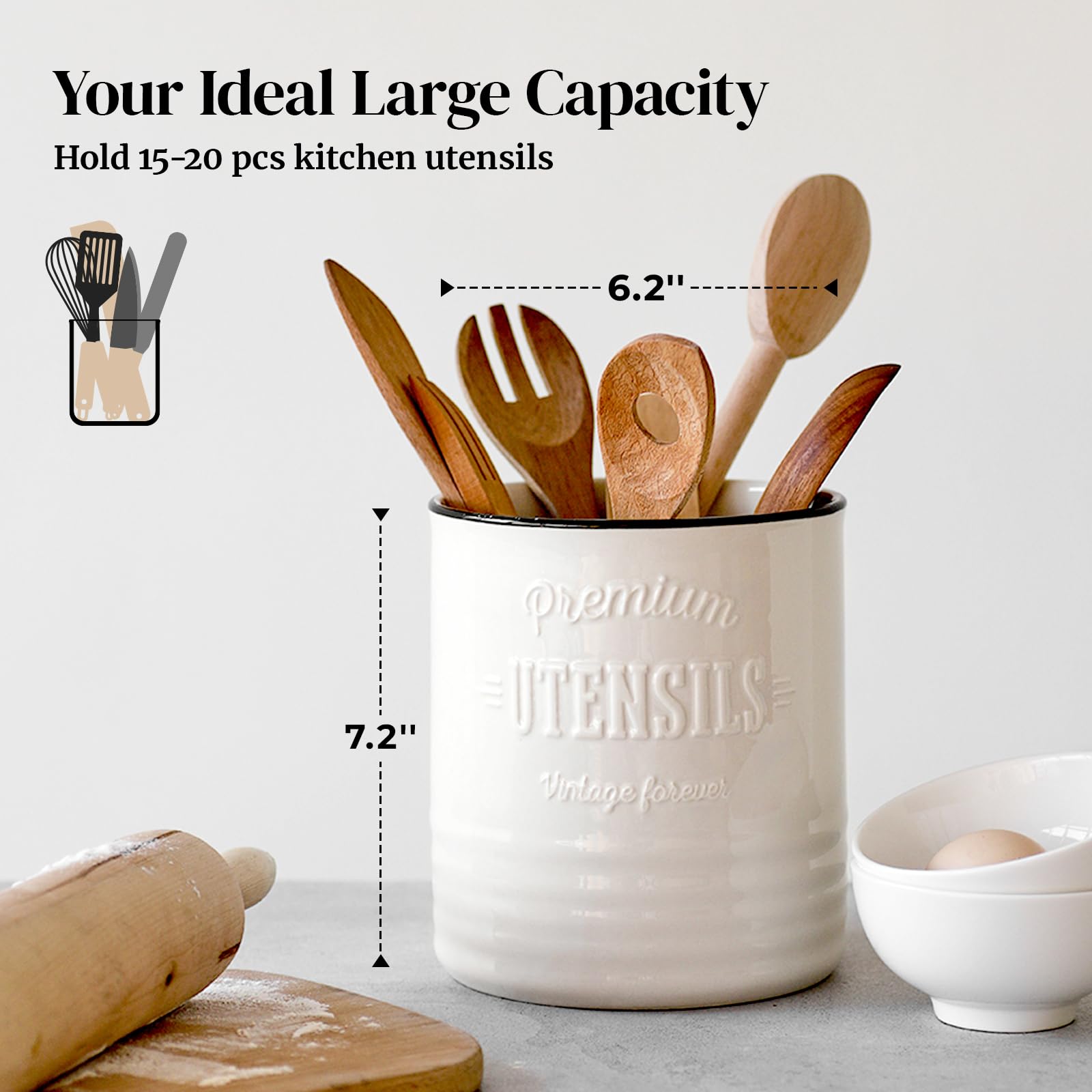 DOWAN cork mat bottom protects countertops while the holder keeps utensils stable.