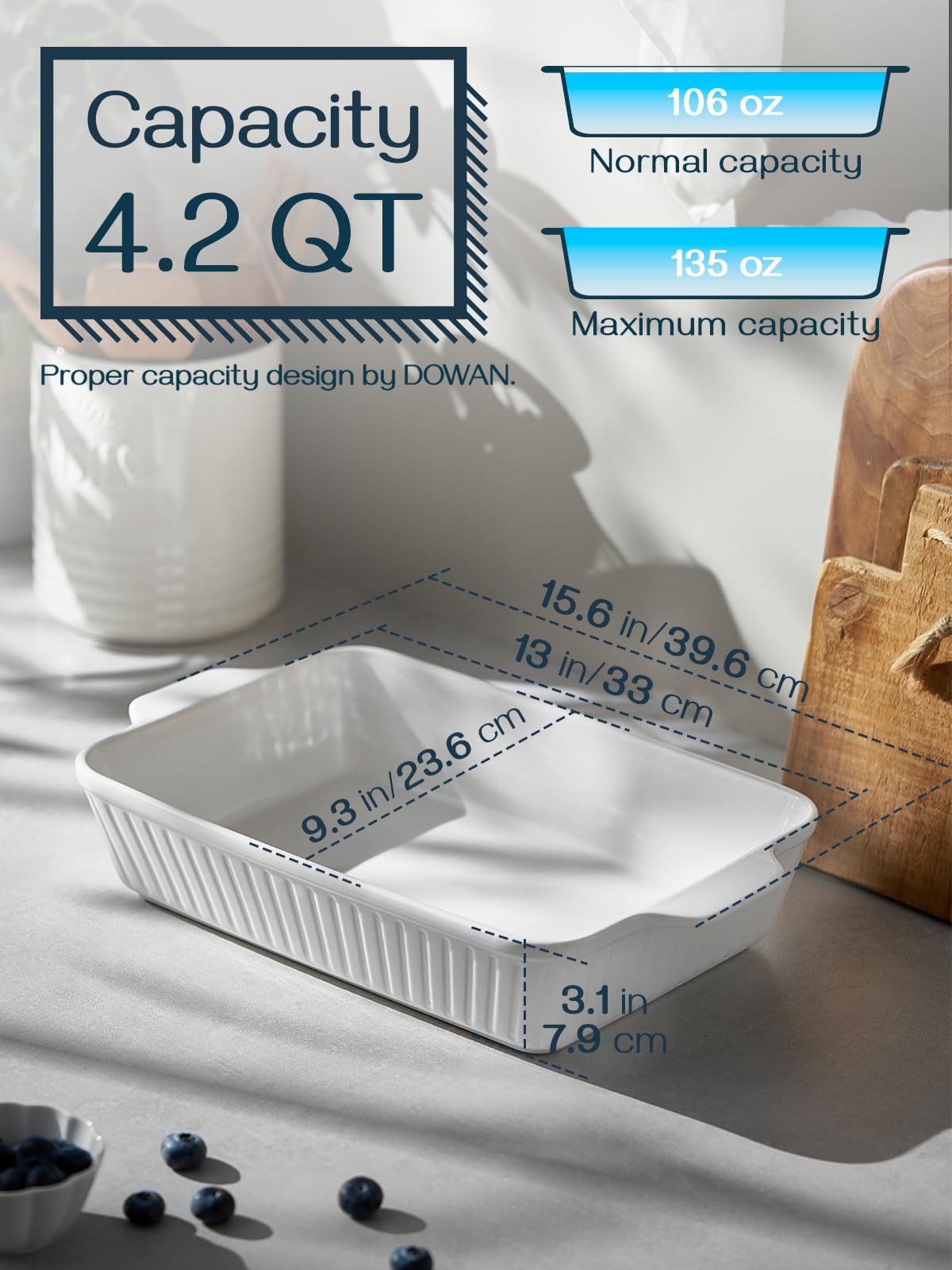 DOWAN deep ceramic lasagna pan 4.2 quarts ideal for lasagna, casseroles, and roasts.