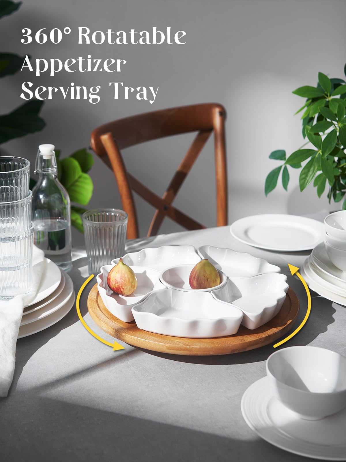 DOWAN divided ceramic platters surround a central bowl for organized party foods.