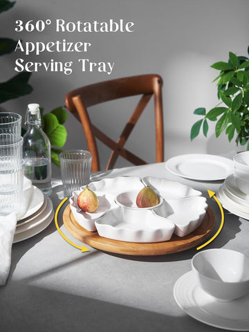 DOWAN divided ceramic platters surround a central bowl for organized party foods.