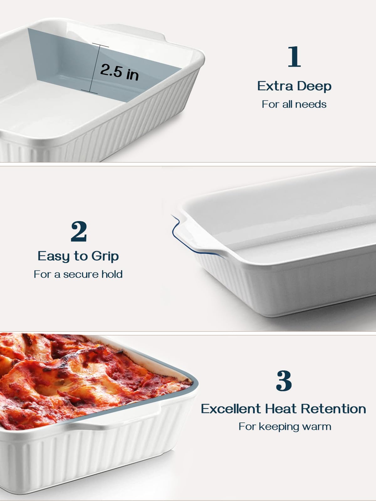 DOWAN double-handles bakeware for secure, comfortable serving from oven to table.