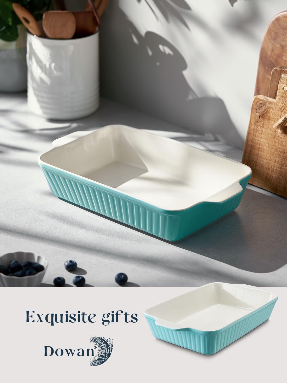 DOWAN elegant blue baking dish, adds table-ready style to meals.