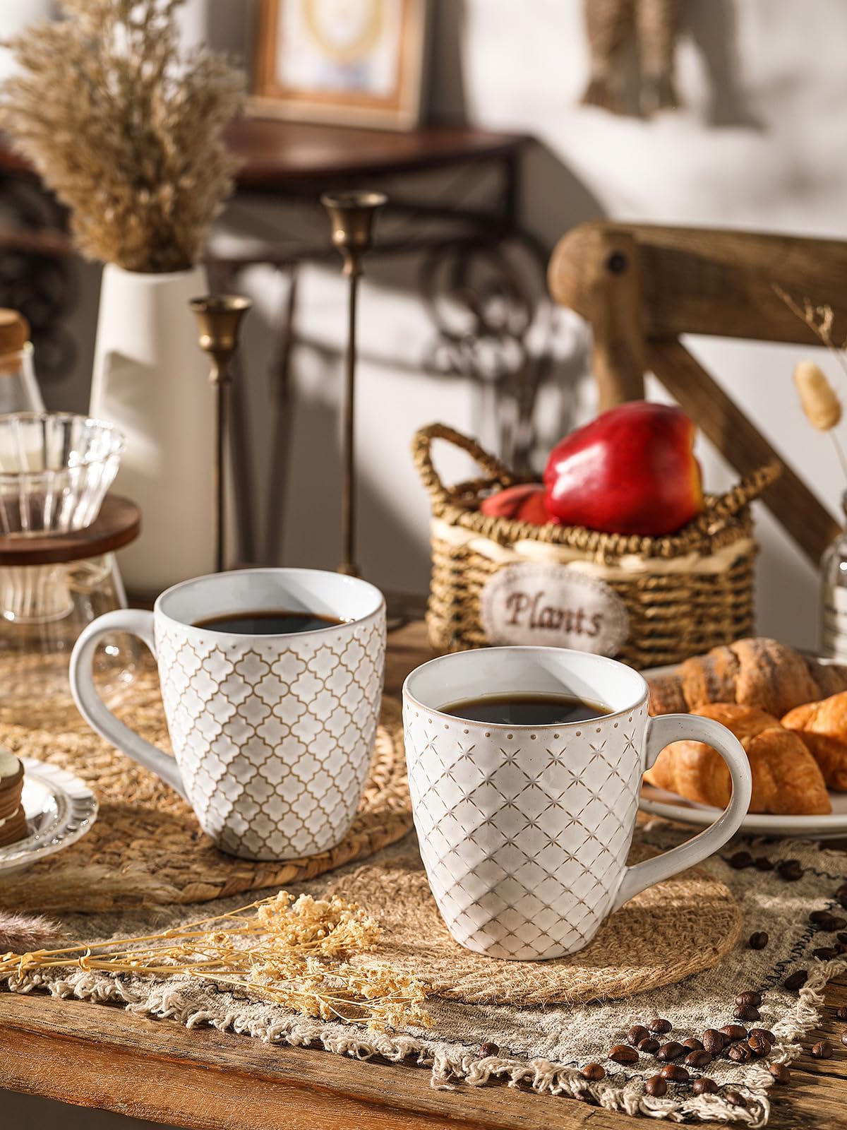 DOWAN embossed ceramic mug highlights six unique patterns for stylish serving.