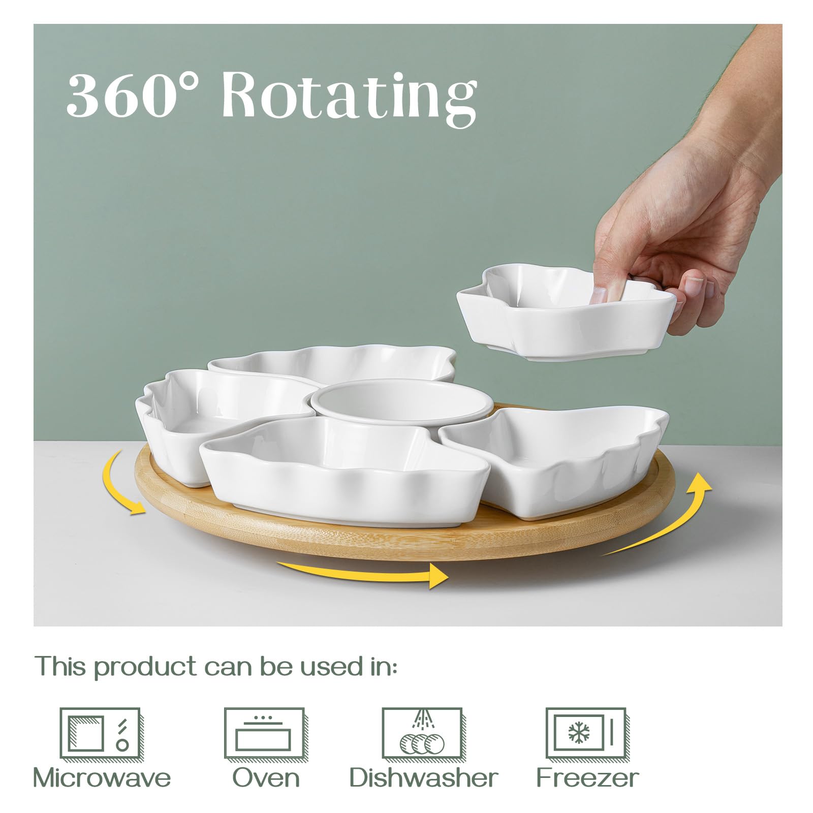 DOWAN flower-shaped ceramic platters separate chips, dips, and bites.